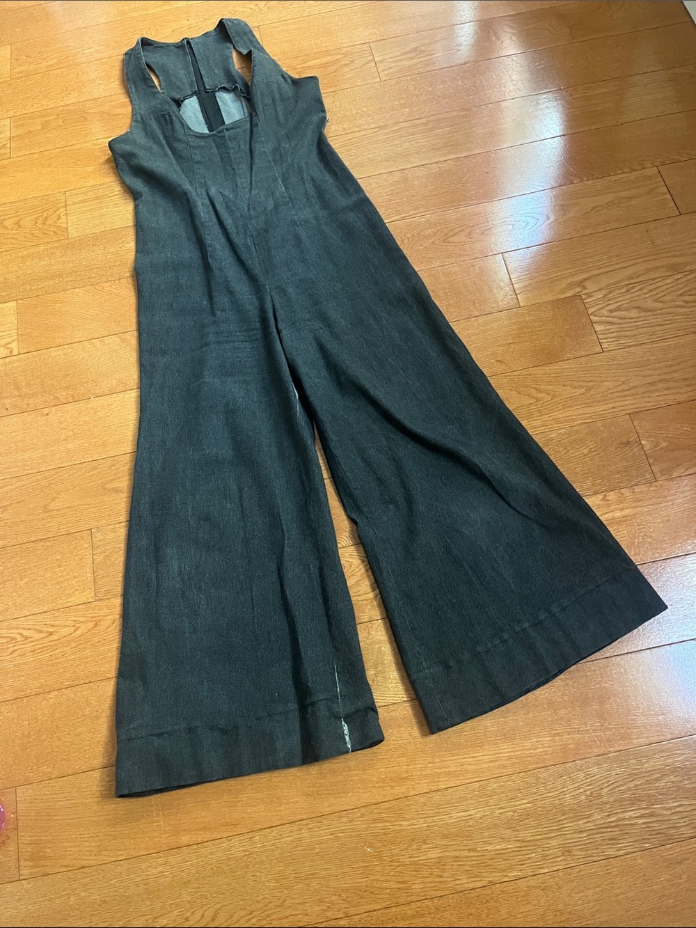 Vintage Sleeveless Black Denim Wide Leg U Neck Jumpsuit